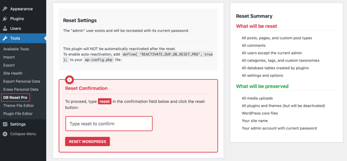 La página DB Reset Pro en el administrador de WordPress
