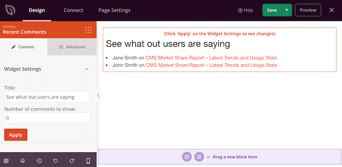 Adicionando um título a um widget de comentários recentes
