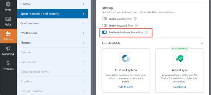 Enable ActiveLayer spam protection