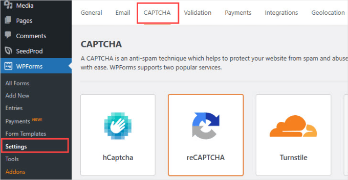 Zakładka Captcha w WPForms