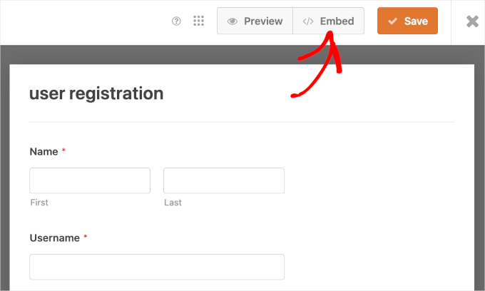 The embed button in WPForms The embed button in WPForms