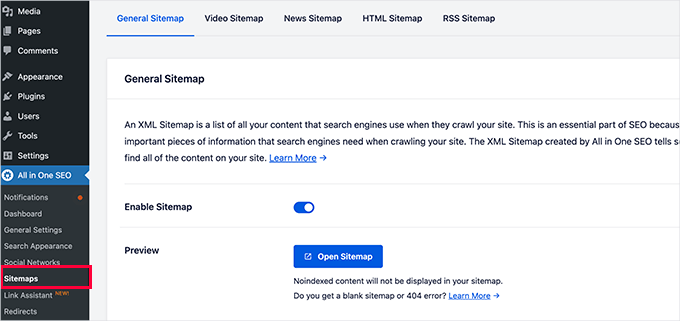 Setări sitemap-uri All in One SEO