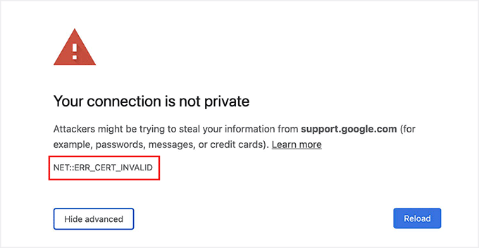 Messaggio di errore NET::ERR_CERT_INVALID