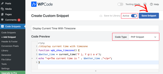 Ative e salve o trecho de código