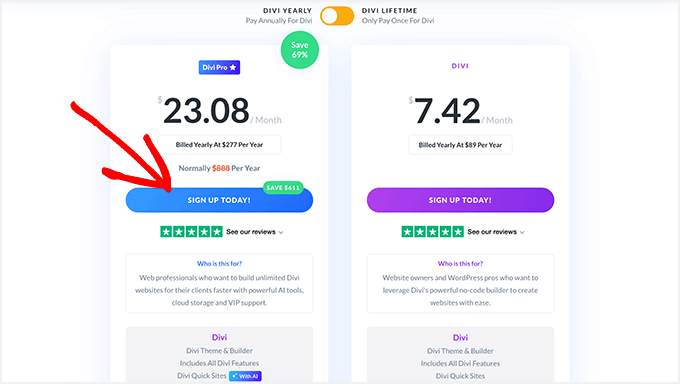 Get the Divi theme plus extras for either a yearly or lifetime fee