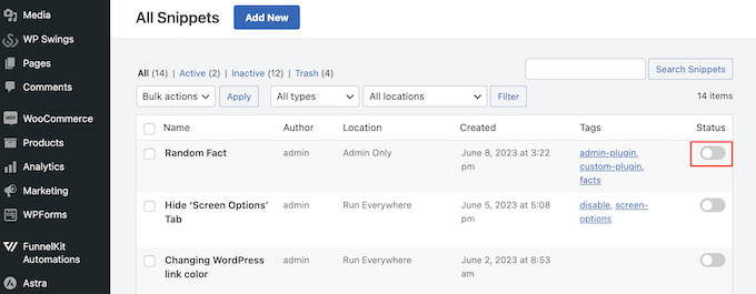 Ein benutzerdefiniertes Plugin mit WPCode deaktivieren