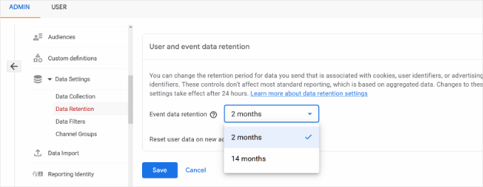Change data retention settings
