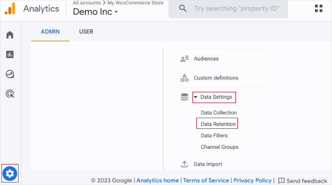 Open data retention settings