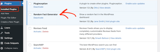 Der Bildschirm "Installierte Plugins" in WordPress