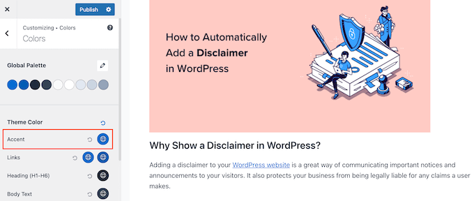 Changing the accent color in the WordPress theme settings Changing the accent color in the WordPress theme settings