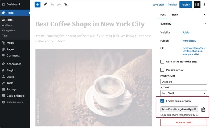 Abilita URL di anteprima pubblica