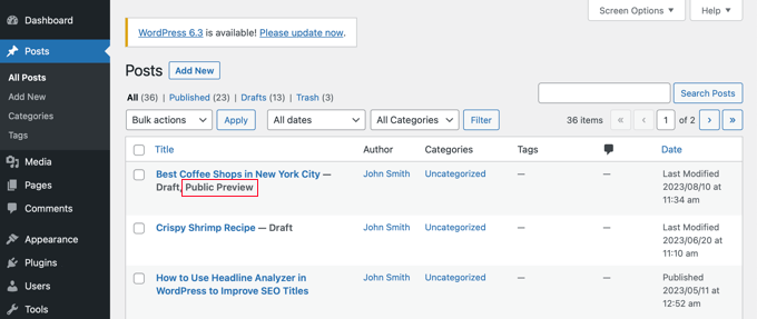 Stato anteprima pubblica dei post