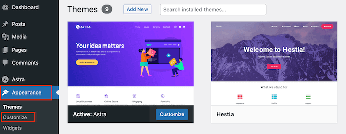 Opening the WordPress theme customizer Opening the WordPress theme customizer