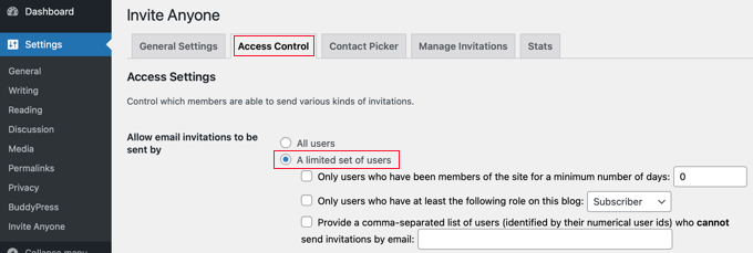Control de acceso del plugin Invite Anyone