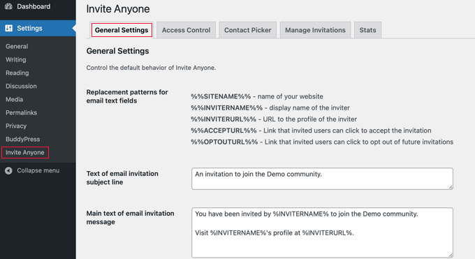 Configuración general del plugin Invite Anyone