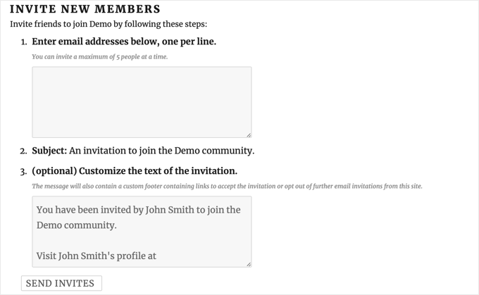 La página Invitar nuevos miembros