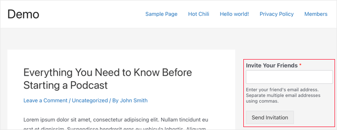 Vista previa del formulario de invitación
