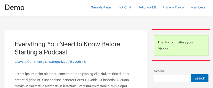 Vista previa del mensaje de confirmación