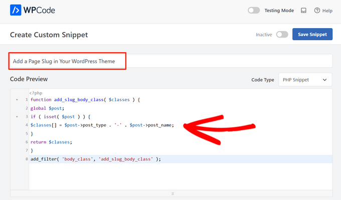 Enter a title and paste the code to add a page slug to body class