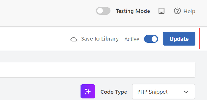 Attiva lo snippet e fai clic sul pulsante Aggiorna