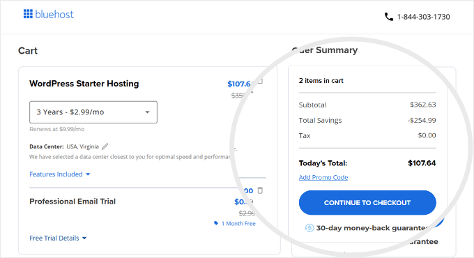 Bluehost order summary and addons page