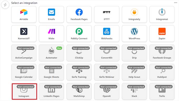 統合リストからInstagramを選択します 統合リストからInstagramを選択します