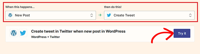 トリガーとリアクションを選択して「試してみる」ボタンをクリック トリガーとリアクションを選択して「試してみる」ボタンをクリック