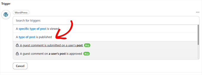 WordPressアクションのトリガーを選択 WordPressアクションのトリガーを選択