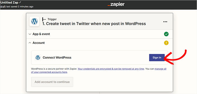 WordPressタブを展開した後、サインインボタンをクリックします WordPressタブを展開した後、サインインボタンをクリックします