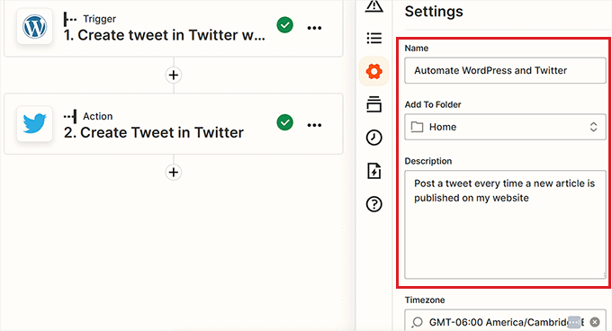 Zap の名前と説明を入力します Zap の名前と説明を入力します