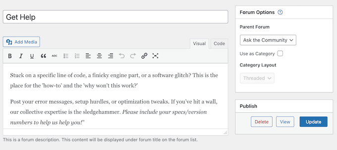 Adding a description under the wpForo forum name field