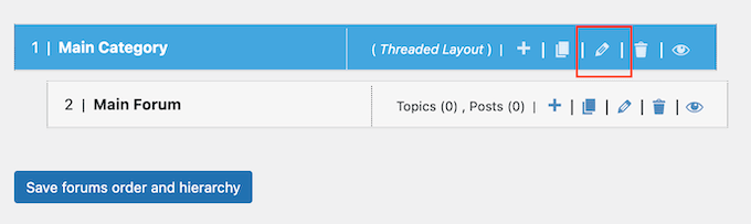 Clicking the Edit icon on the wpForo Main Category