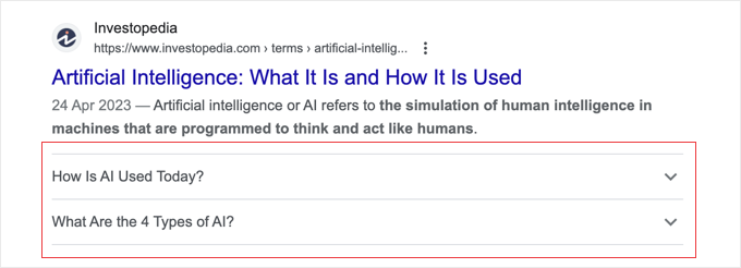A question and answer section, in the Google search results 