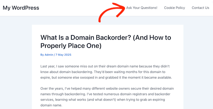 An example of a WordPress navigation menu 