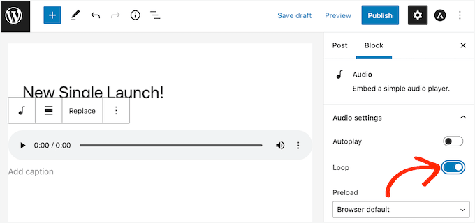 WordPressオーディオブロックを使用してMP3オーディオファイルをループする