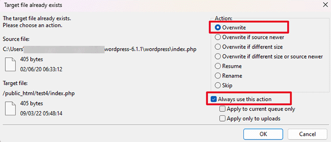 Overwrite WordPress core files Overwrite WordPress core files