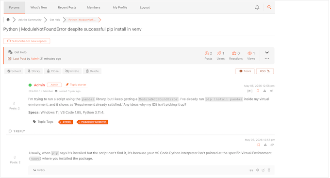 A finished wpForo Q&A site showing solved labels and upvoted answers