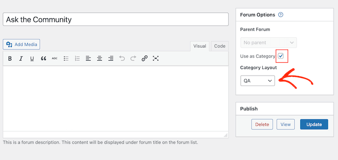 Selecting the Category Layout option for the wpForo Q&A board