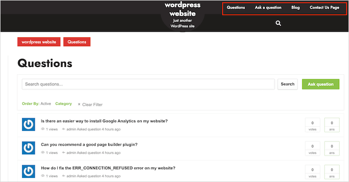 A WordPress menu with question and answer links A WordPress menu with question and answer links