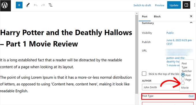 Change post type in the block editor Change post type in the block editor