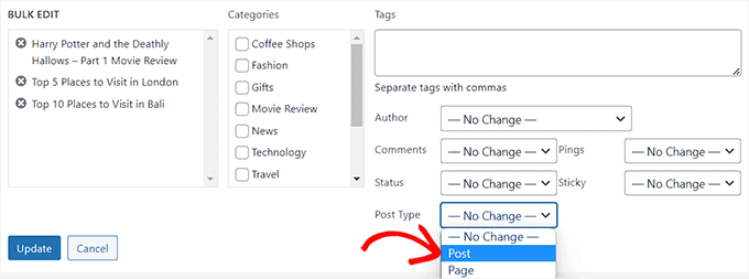 Choose post type option from the bulk edit mode Choose post type option from the bulk edit mode