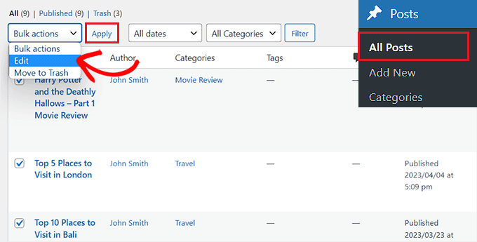 Choose the Edit option from the Bulk Actions dropdown menu Choose the Edit option from the Bulk Actions dropdown menu