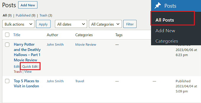 Click the Quick Edit link under the post title Click the Quick Edit link under the post title
