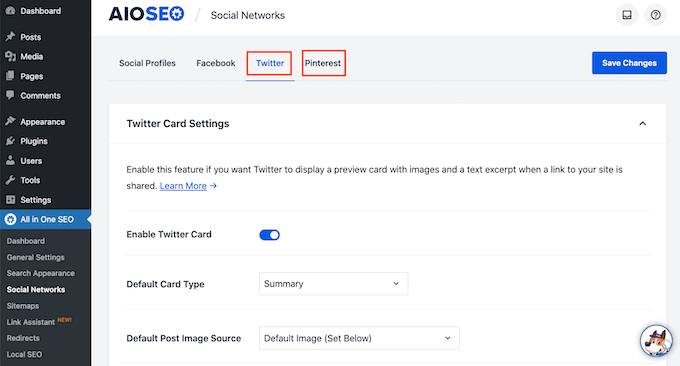 AIOSEOs Twitter- und Pinterest-Tabs
