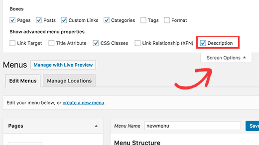Enabling menu descriptions in WordPress Enabling menu descriptions in WordPress