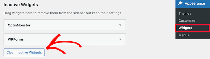 Click clear inactive widgets button in classic editor Click clear inactive widgets button in classic editor