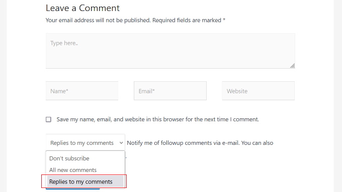 Notify on replies to comment Select replies to my comment option