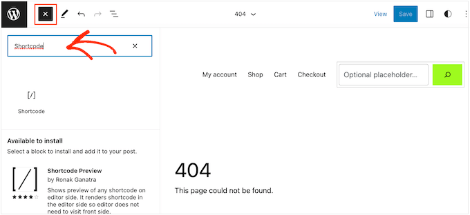 Agregar un bloque de shortcode a una plantilla de sitio completo en WordPress