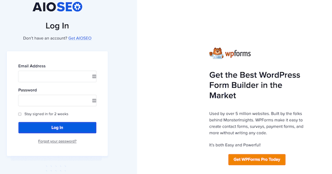 The AIOSEO support login form The AIOSEO support login form