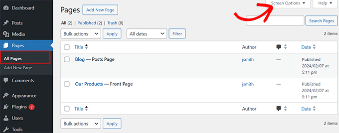 Click Screen Options button on the Pages screen Click Screen Options button on the Pages screen